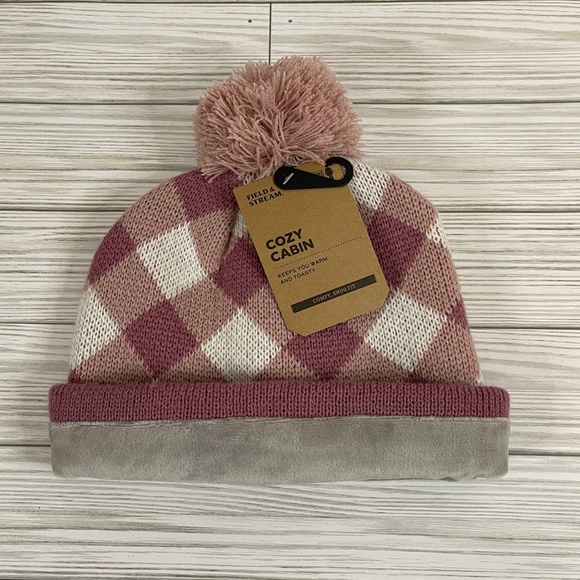 Field & Stream Cozy Cabin Pink and White Plaid Knit Beanie Hat NWT - Picture 3 of 9